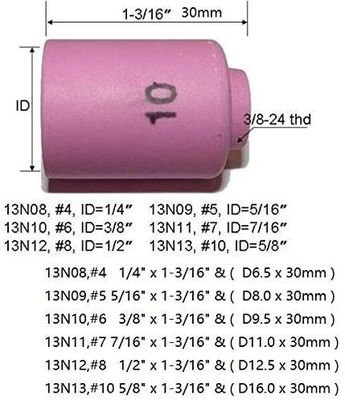 TIG Lámpara de soldadura SR WP920 24 25 Ajuste 13N08 13N09 13N10 13N11 13N12 13N13 Taza de boquilla 10pcs