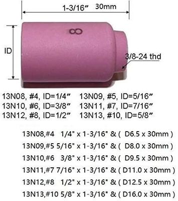 TIG Lámpara de soldadura SR WP920 24 25 Ajuste 13N08 13N09 13N10 13N11 13N12 13N13 Taza de boquilla 10pcs